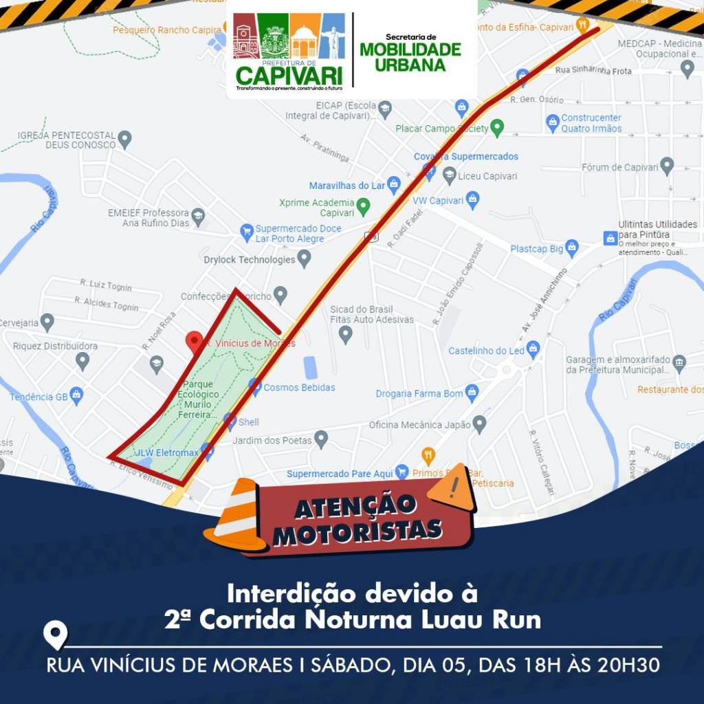 Segunda Edição da Luau Run: Interdição de trechos para o evento neste sábado (05) - Foto: Divulgação/Prefeitura de Capivari