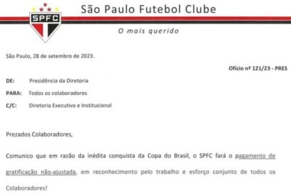Presidente do São Paulo anuncia bônus a funcionários após título da Copa do Brasil - Foto: Reprodução